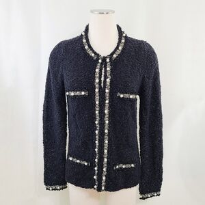 White House Black Market sweater jacket black boucle gold trim pearls sz mediu